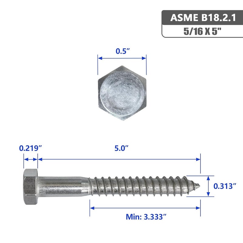Instockbolts 5/16 X 5 Hex Head Lag Screws Bolts, 304 Stainless Steel 18-8, Hexagon Head Wood Screws Hex Lag Screws, Pack of 5 - Image 2
